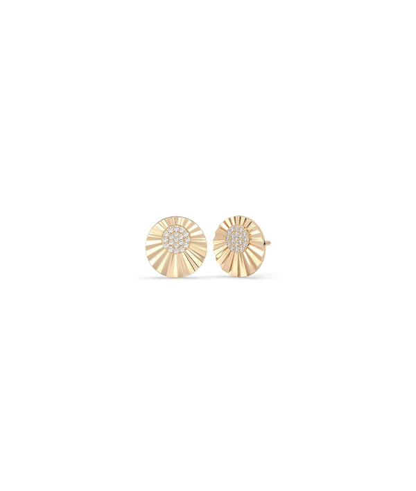 Rose gold fluted pave stud earrings circular design with fluted frame alternate view
