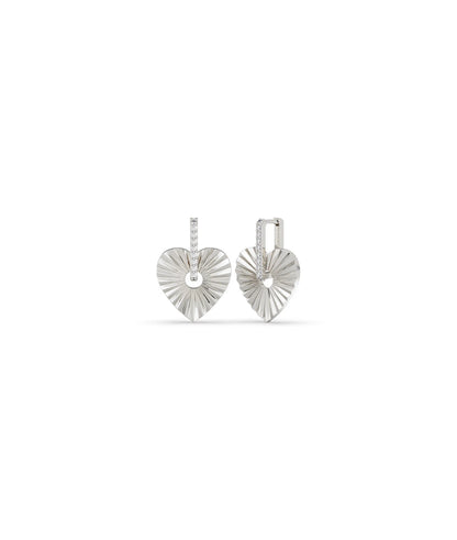 White gold fluted heart dangle earring with love symbol and fluted texture
