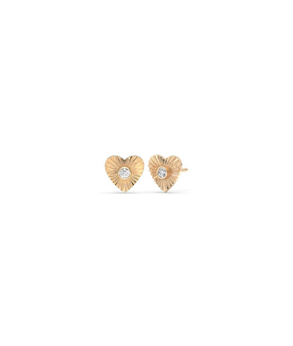 Fluted Heart Stud Earrings Diamond Gold