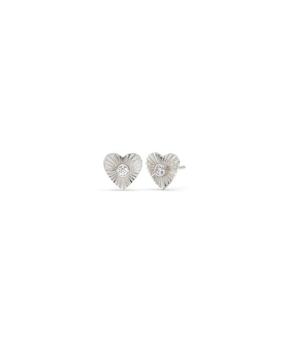 Fluted Heart Stud Earrings Diamond Gold