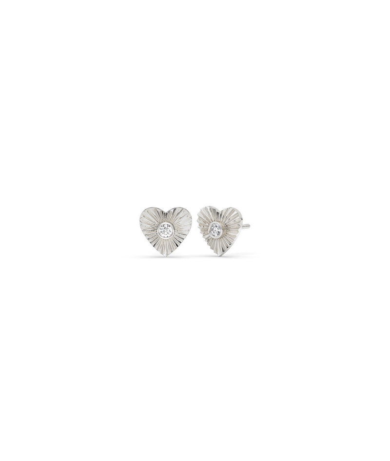 Fluted Heart Stud Earrings Diamond Gold