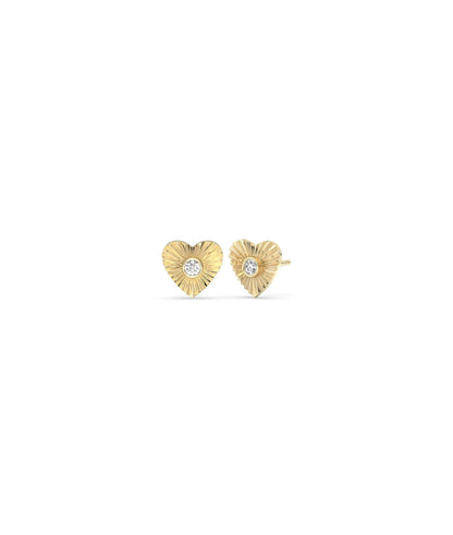 Fluted heart stud earrings front view in yellow gold with romantic heart design