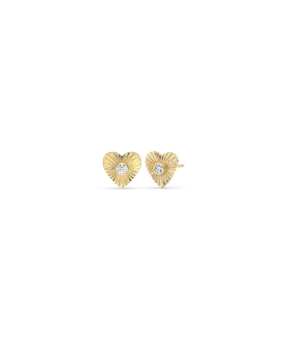Fluted heart stud earrings front view in yellow gold with romantic heart design