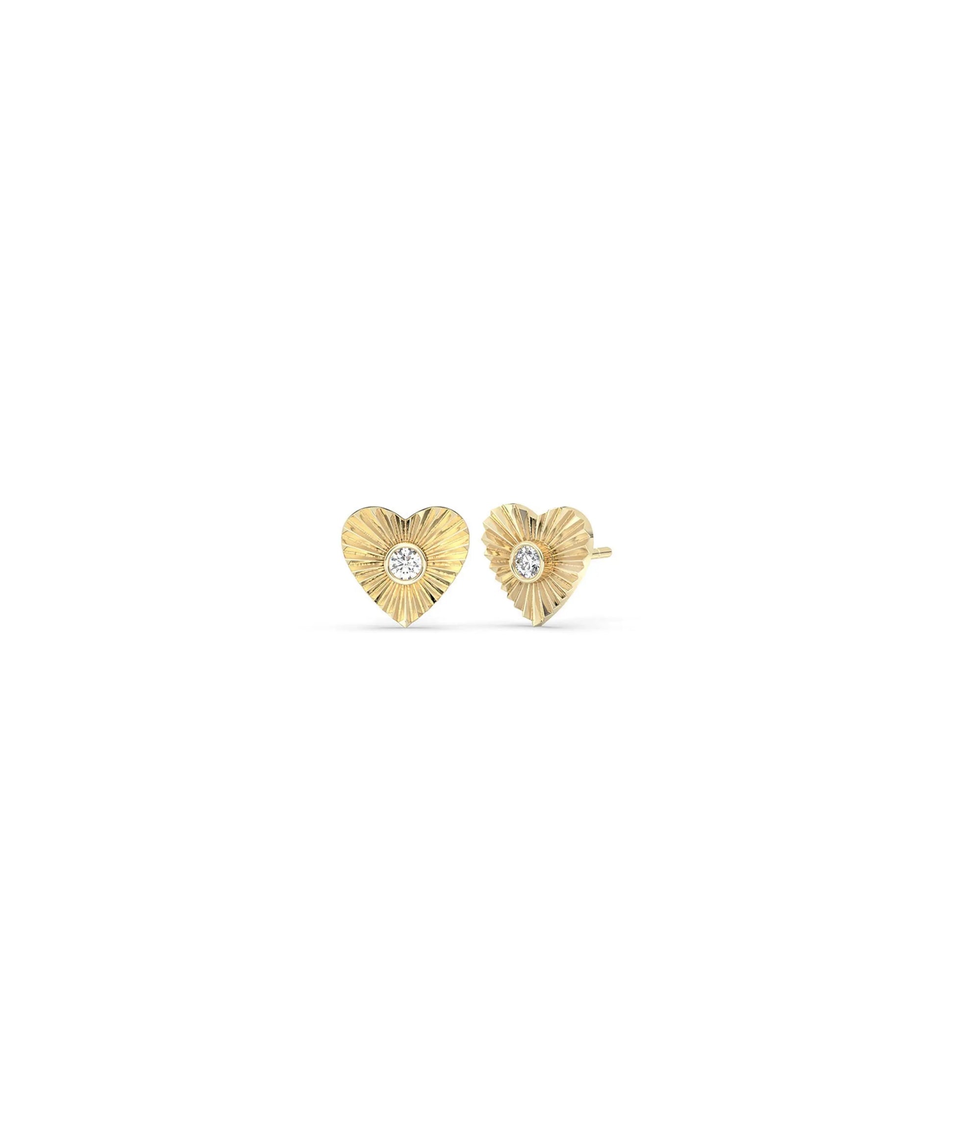 Fluted heart stud earrings front view in yellow gold with romantic heart design