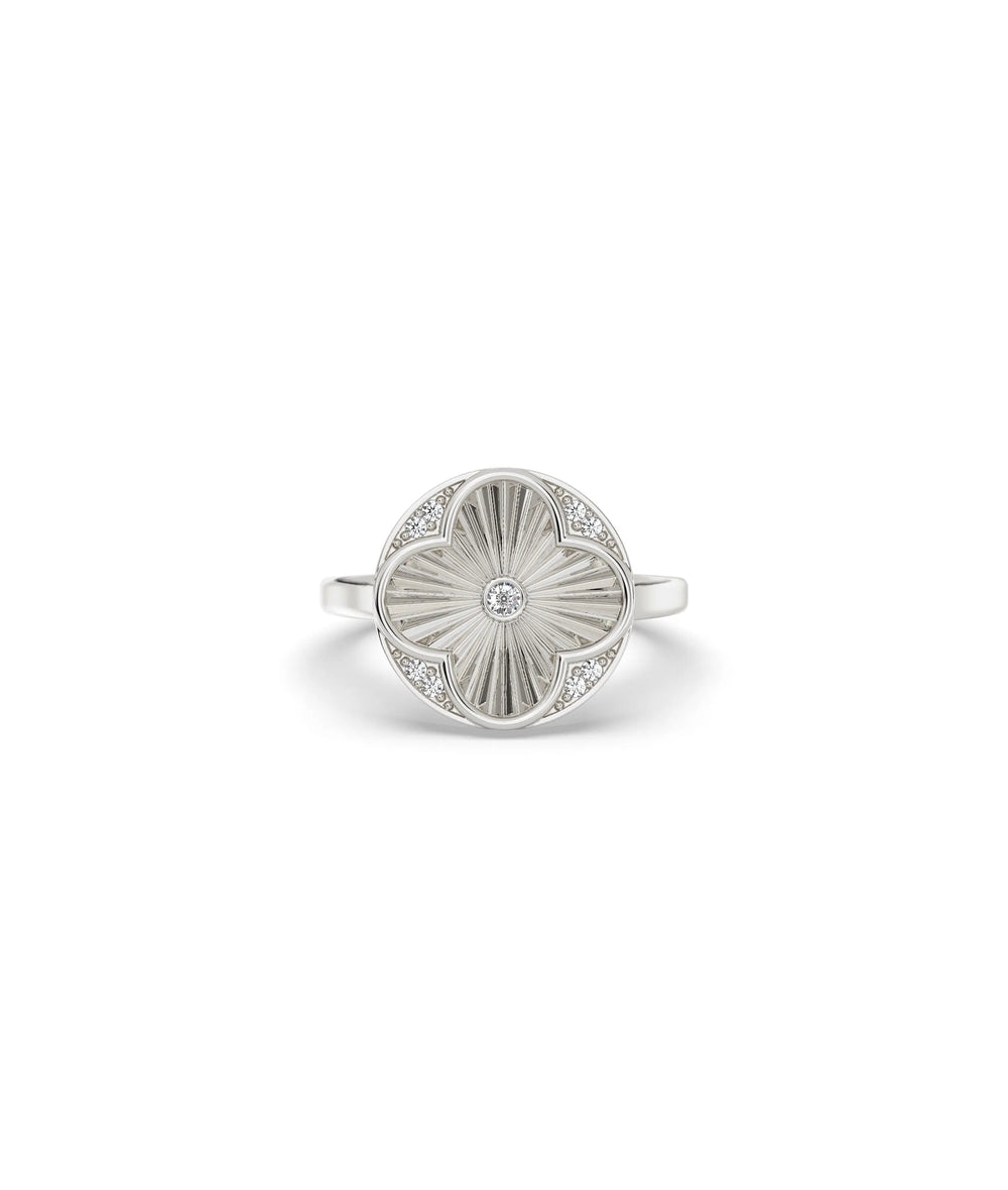 White gold fluted clover diamond ring lucky charm with fluted texture