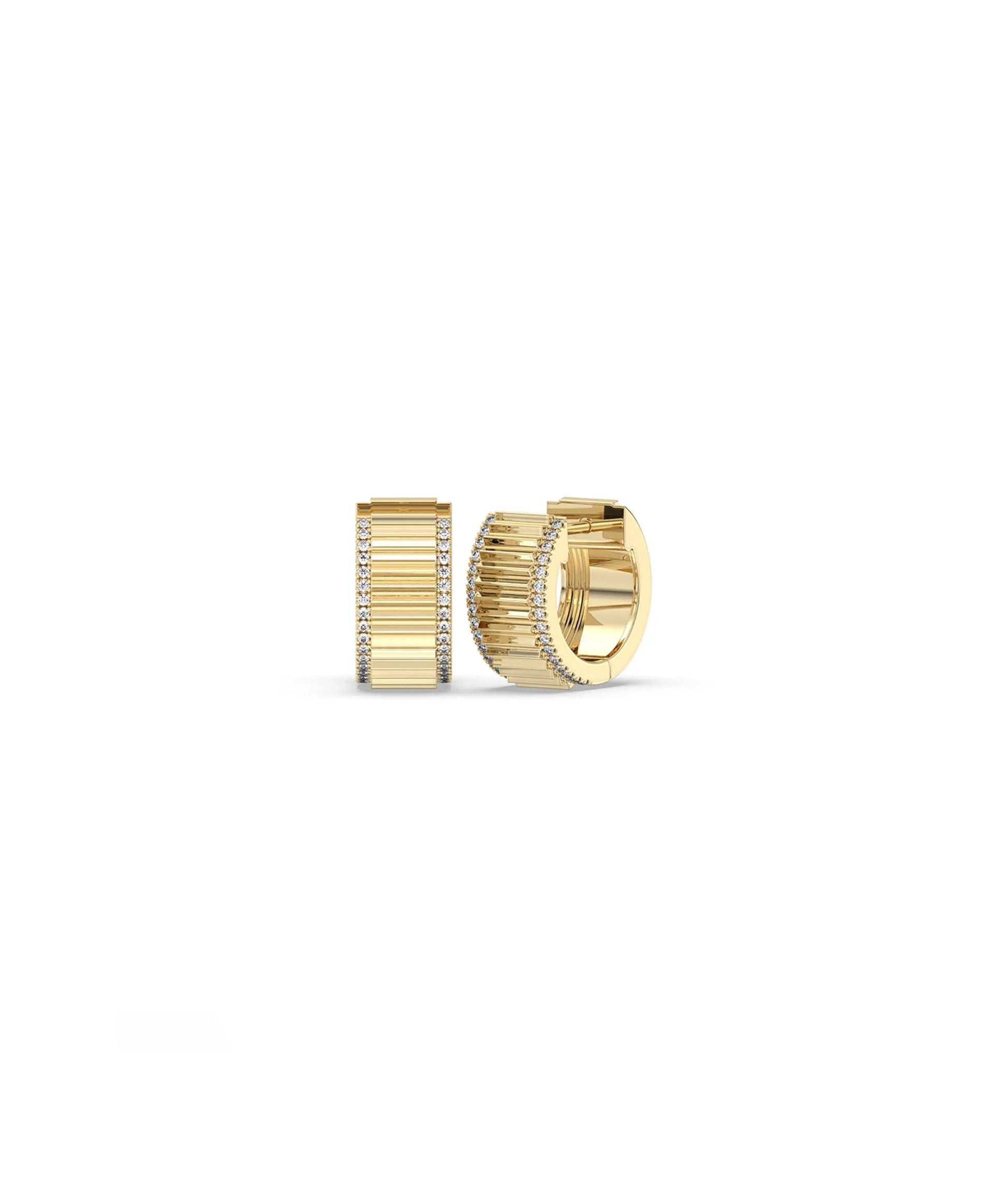 Fluted diamond huggie earring front view in yellow gold with textured grooves