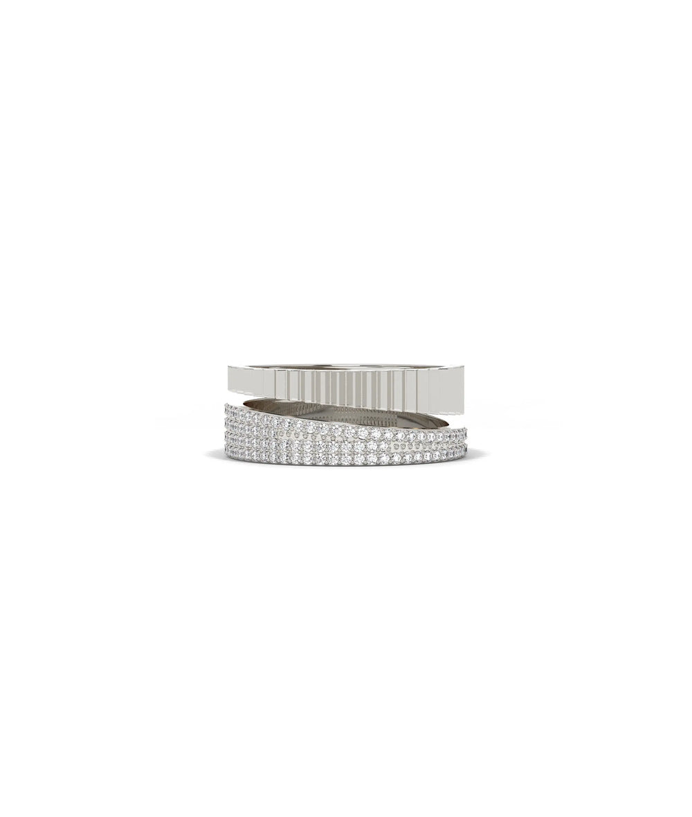 White gold fluted bypass ring with brilliant diamonds and architectural grooves