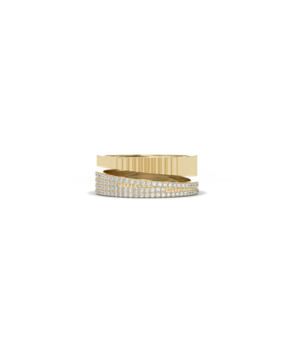 Fluted bypass ring front view in yellow gold with diamond crossover design