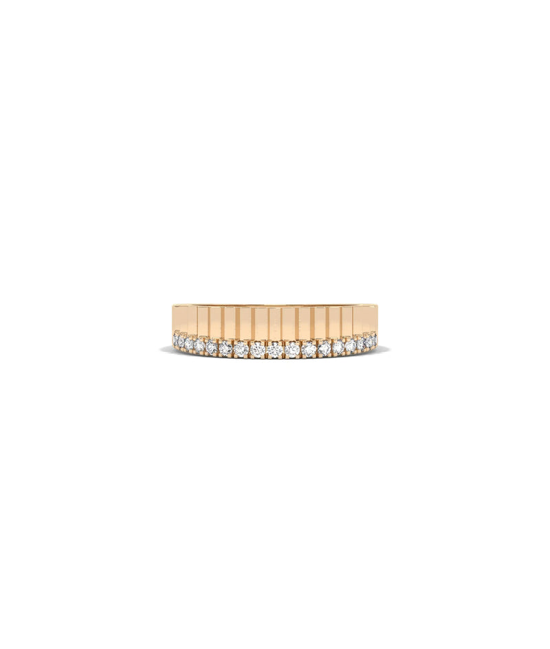 Rose gold fluted diamond band ring architectural textured design with sparkle