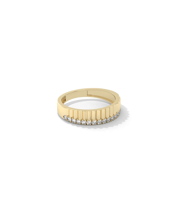 Side profile fluted diamond band ring showing vertical grooves and texture alternate view