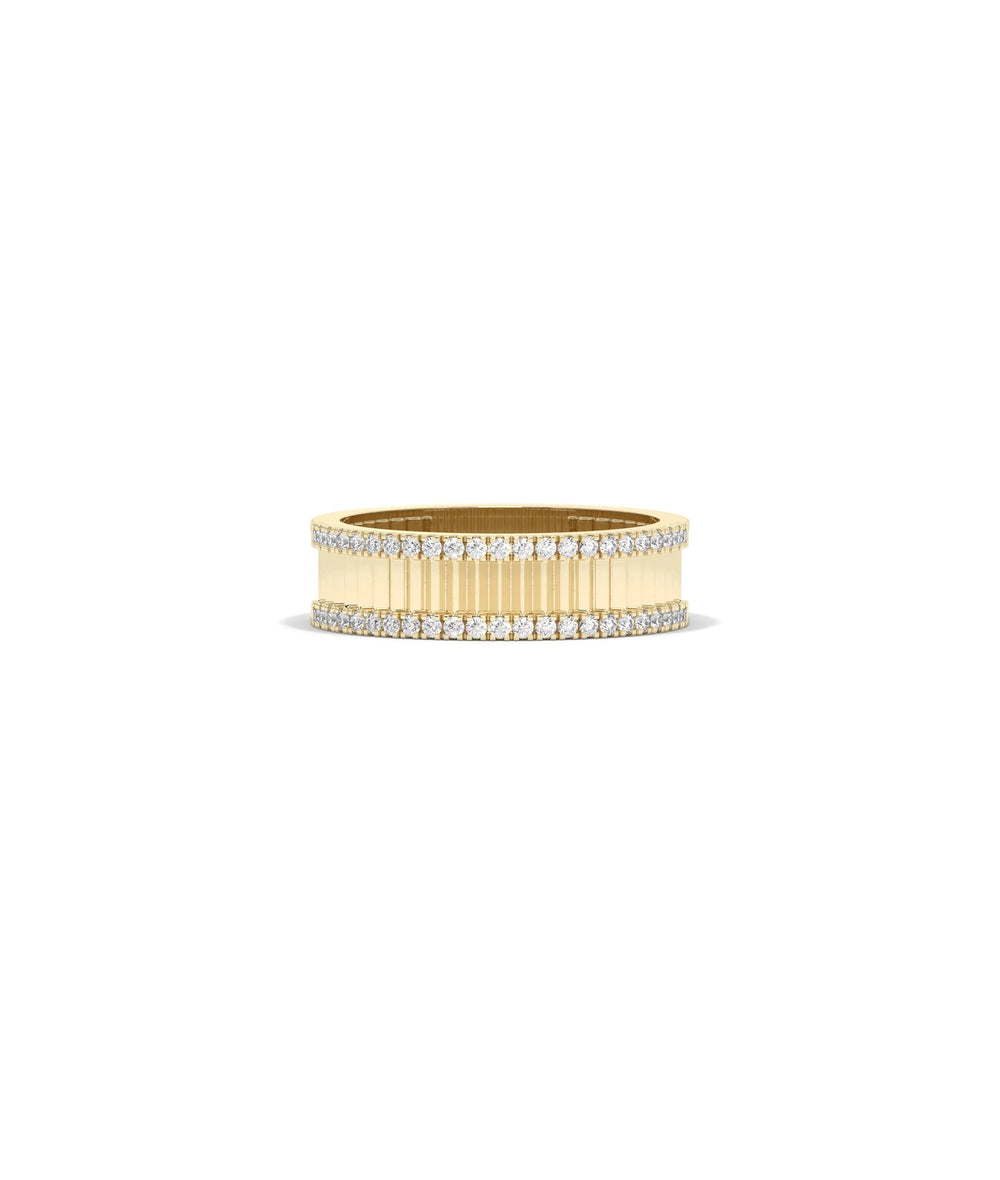 Fluted diamond band ring front view in yellow gold with double row diamonds