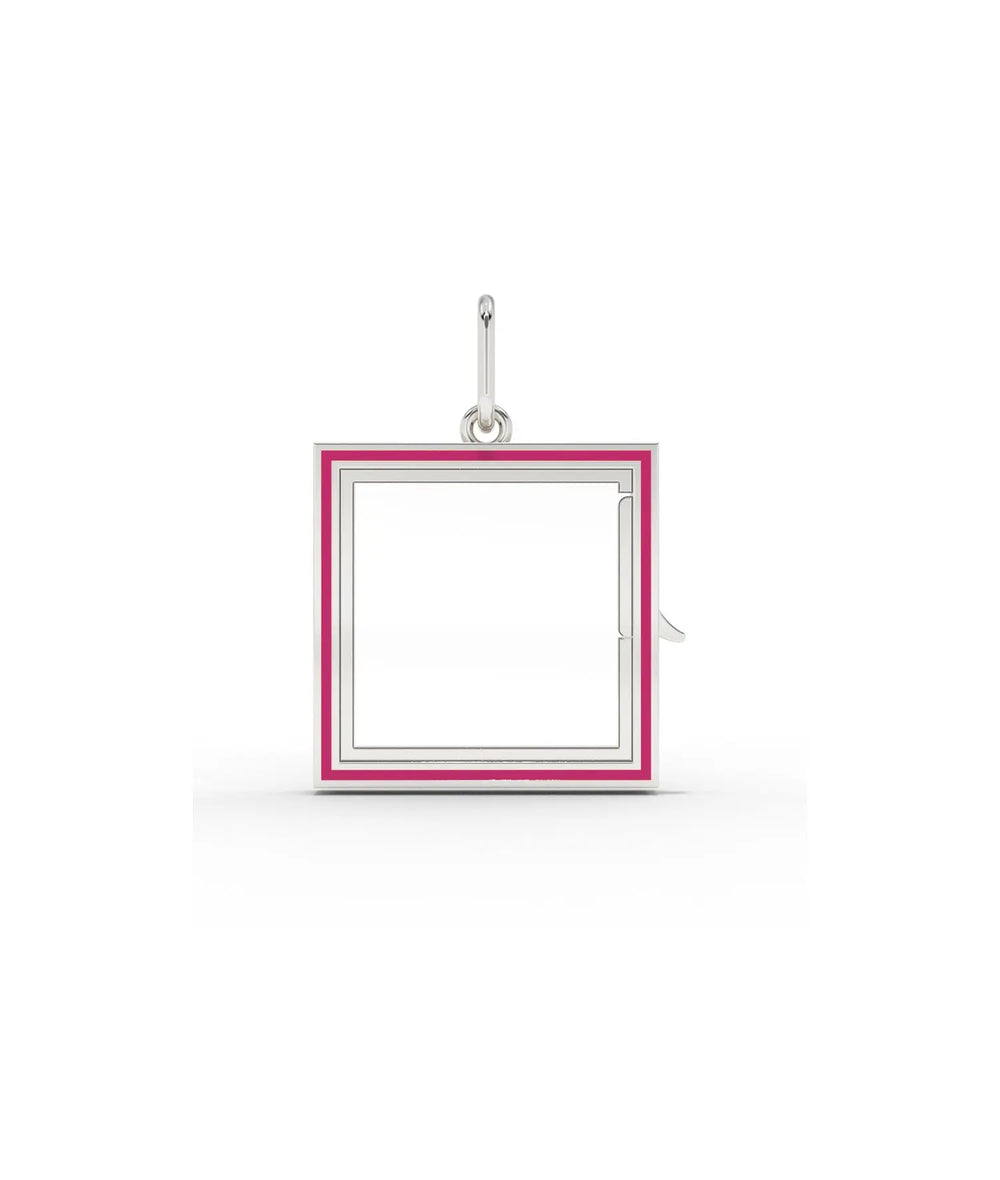 White gold enamel square glass locket charm with vibrant enamel decoration