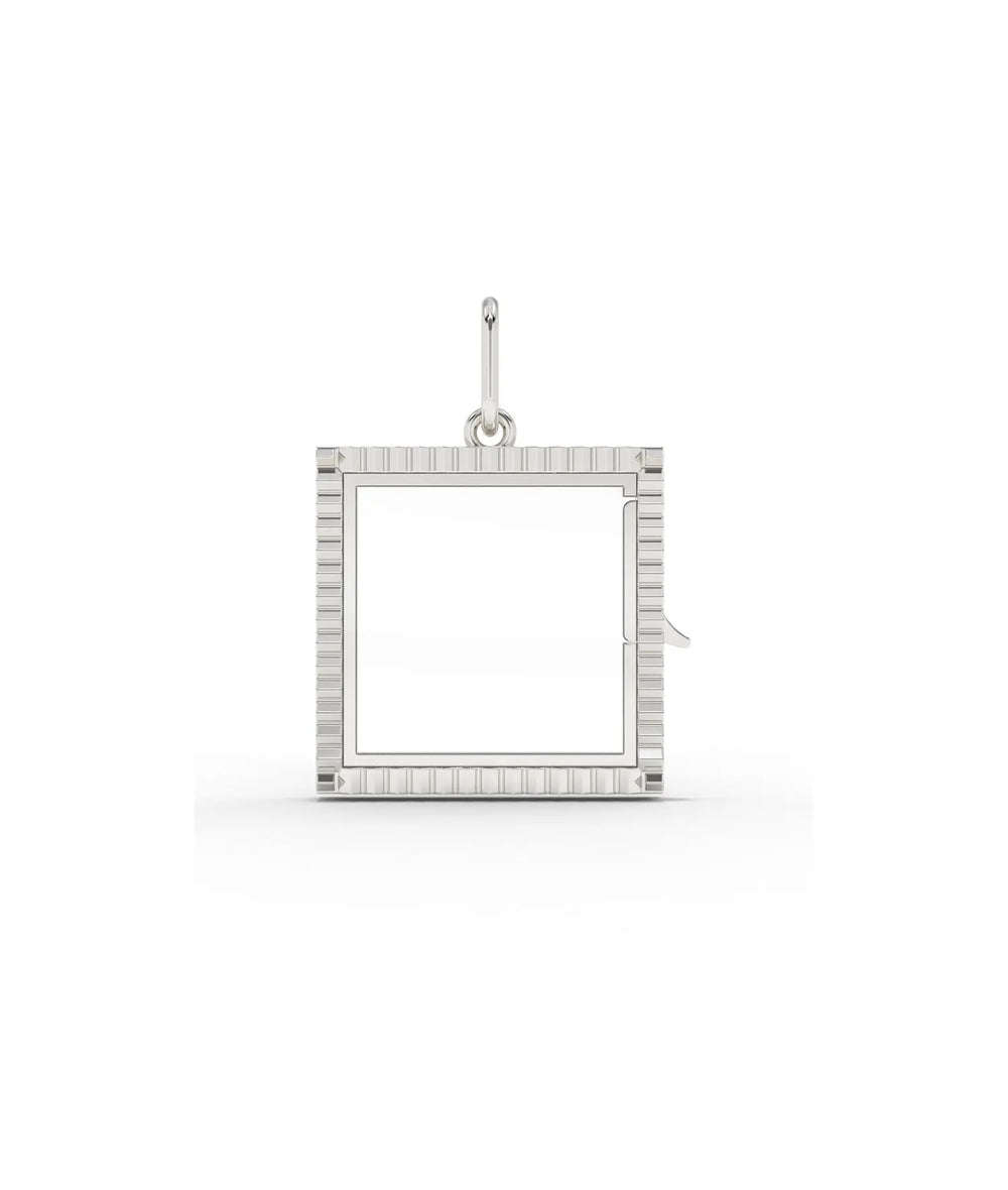 White gold fluted square glass locket charm with architectural fluted pattern