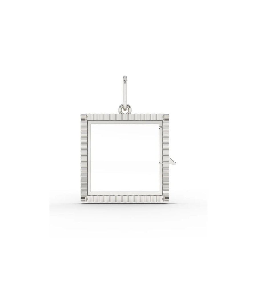 White gold fluted square glass locket charm with architectural fluted pattern