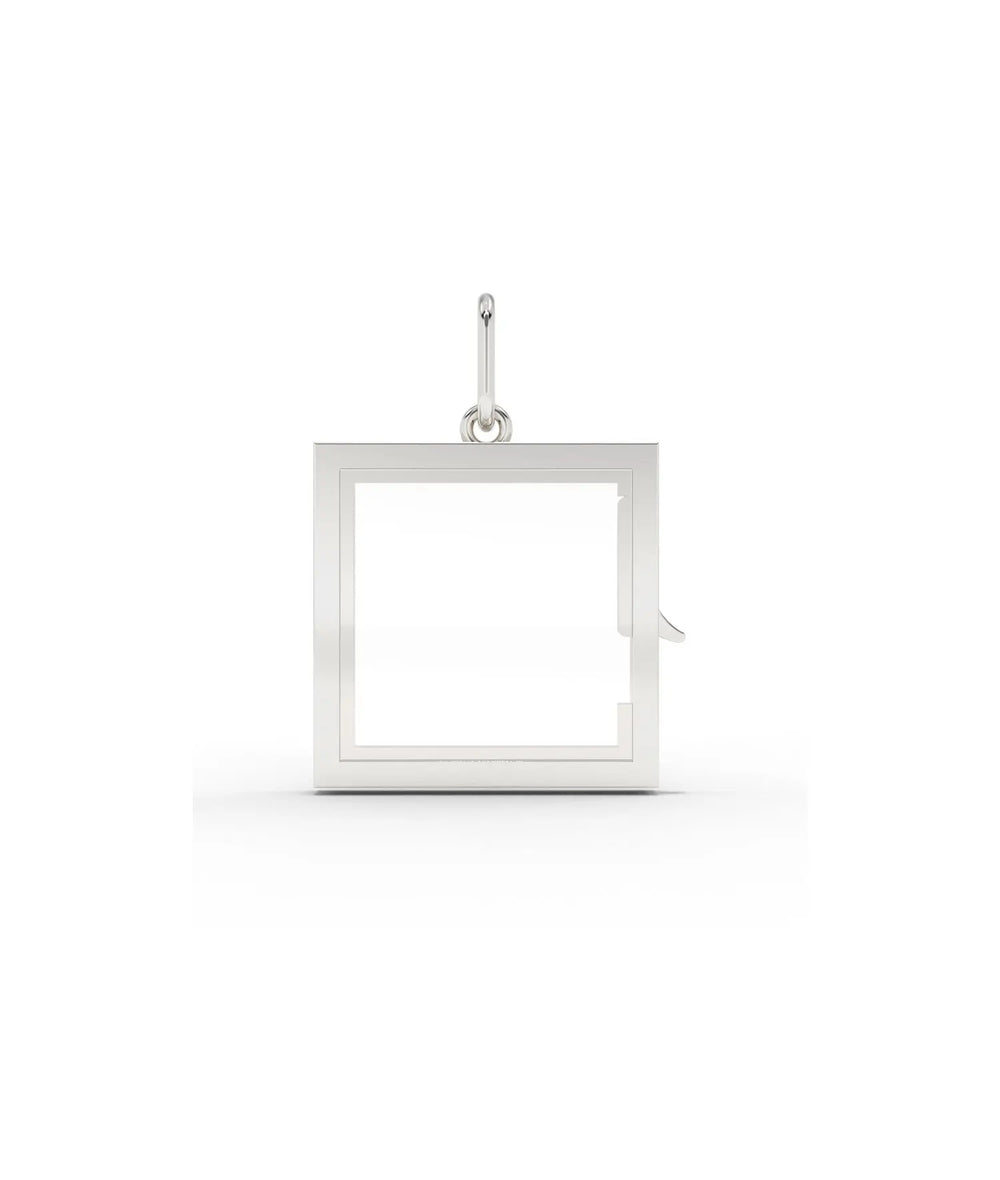 White gold square glass locket charm with transparent glass panel design