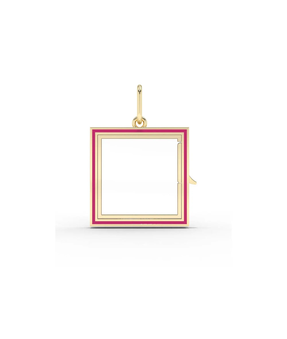 Enamel square glass locket charm front view in yellow gold with colorful enamel