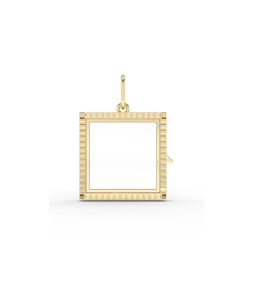 Fluted square glass locket charm front view in yellow gold with textured grooves