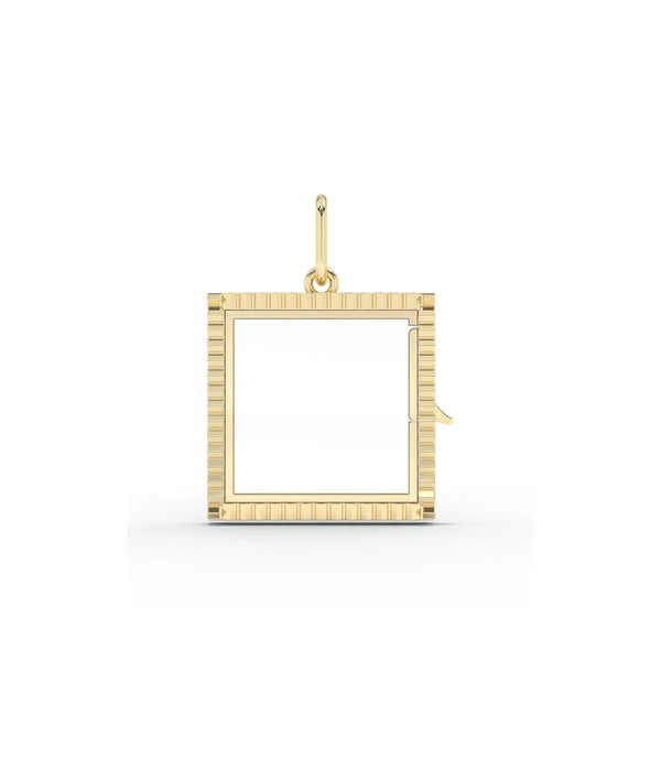 Fluted square glass locket charm front view in yellow gold with textured grooves alternate view