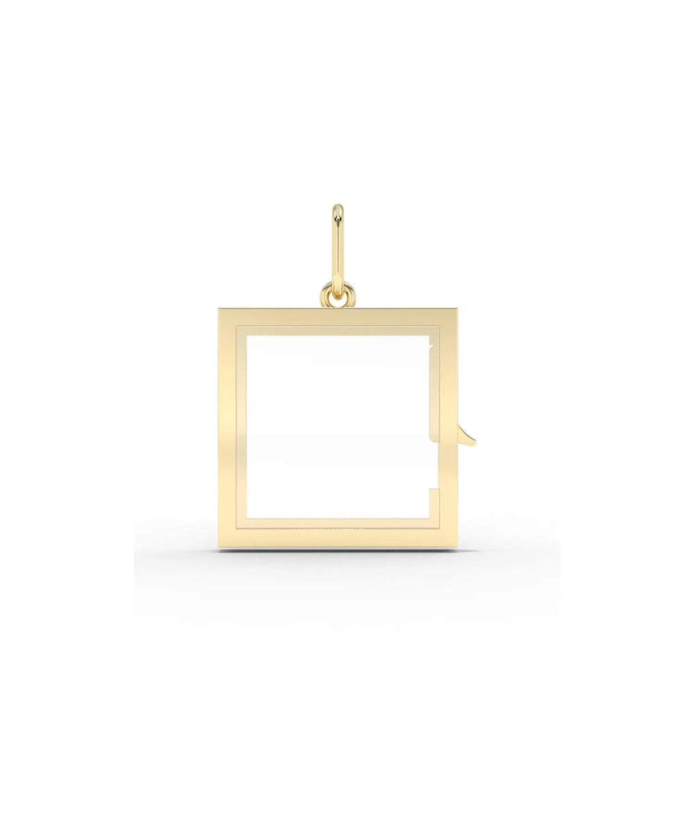 Square glass locket charm front view in yellow gold modern geometric shape
