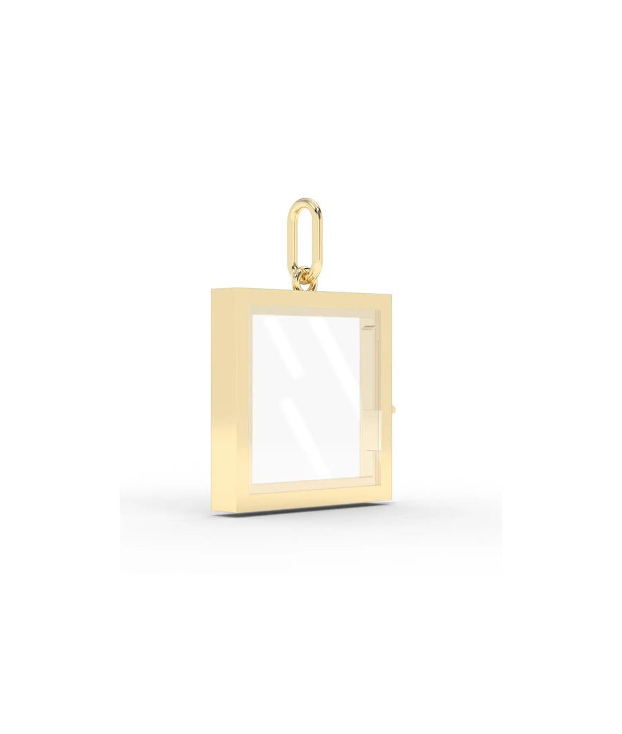 Side angle square glass locket charm showing clean lines and latch mechanism