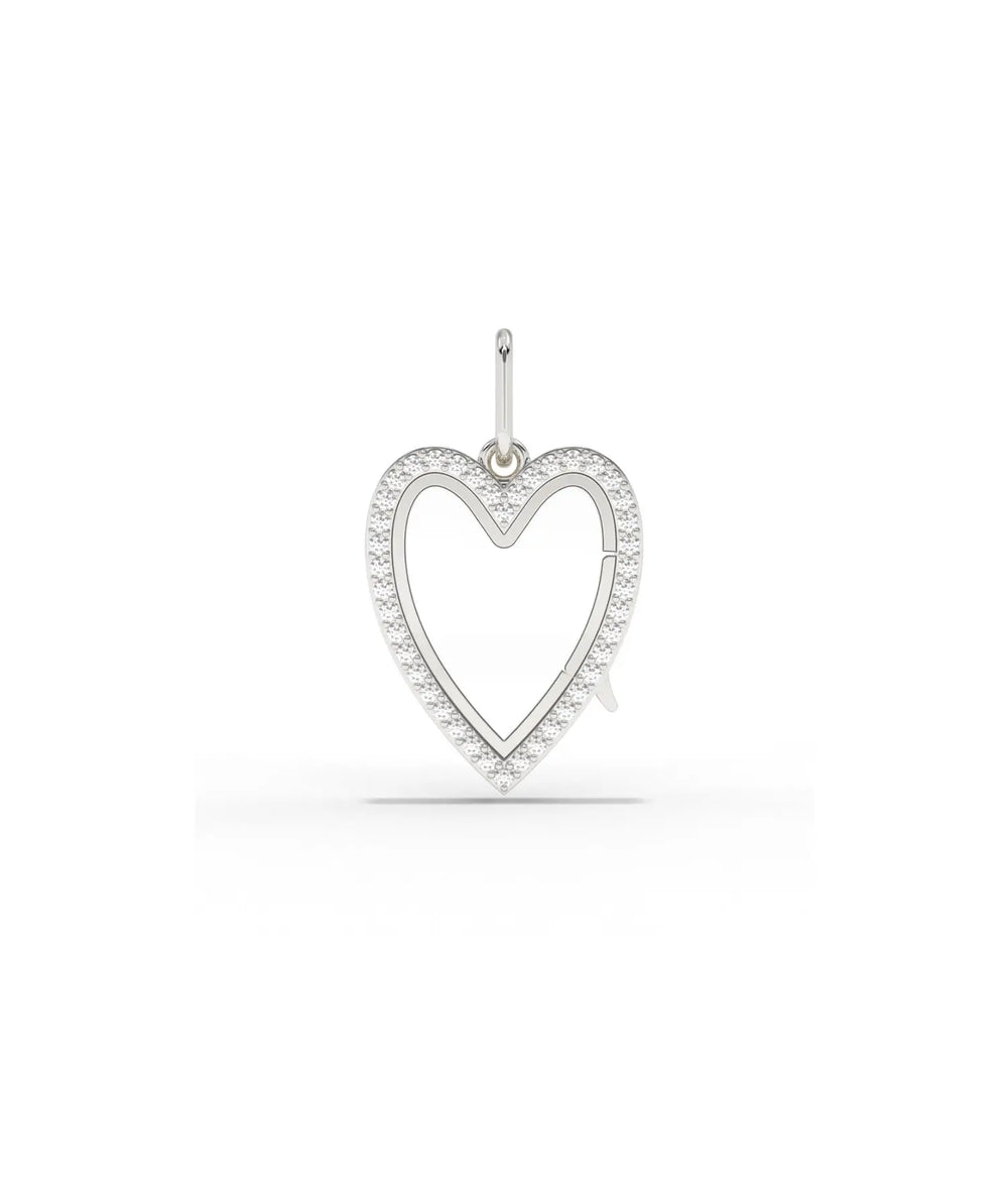White gold diamond heart glass locket charm with brilliant diamond accents