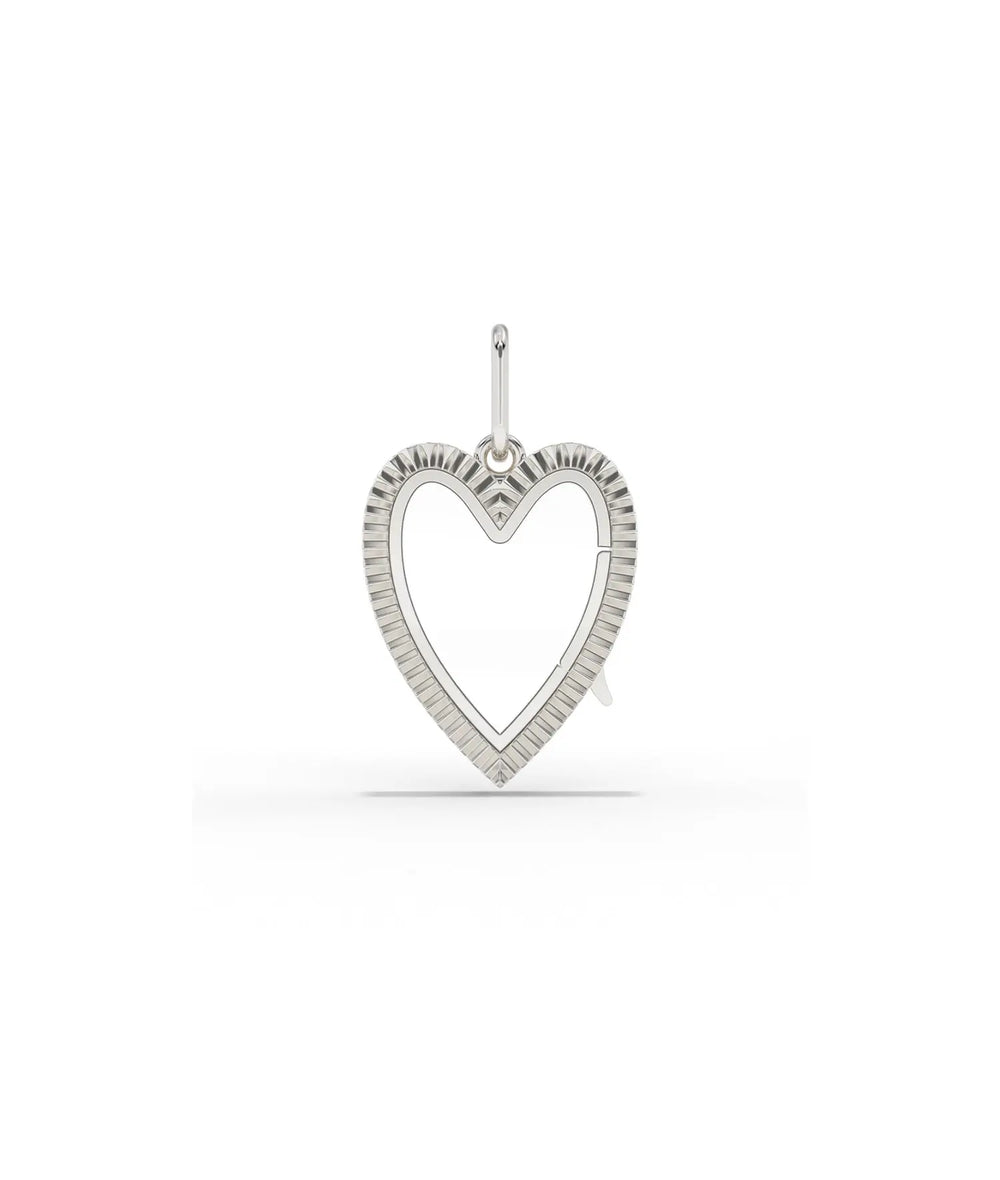 White gold fluted heart glass locket charm with dimensional fluted pattern