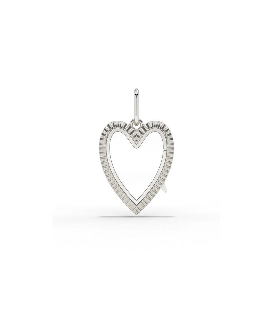White gold fluted heart glass locket charm with dimensional fluted pattern