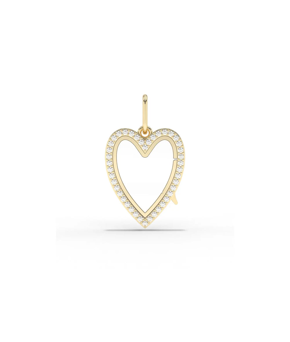 Diamond heart glass locket charm front view in yellow gold with sparkling diamonds