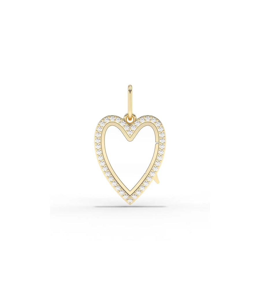 Diamond heart glass locket charm front view in yellow gold with sparkling diamonds