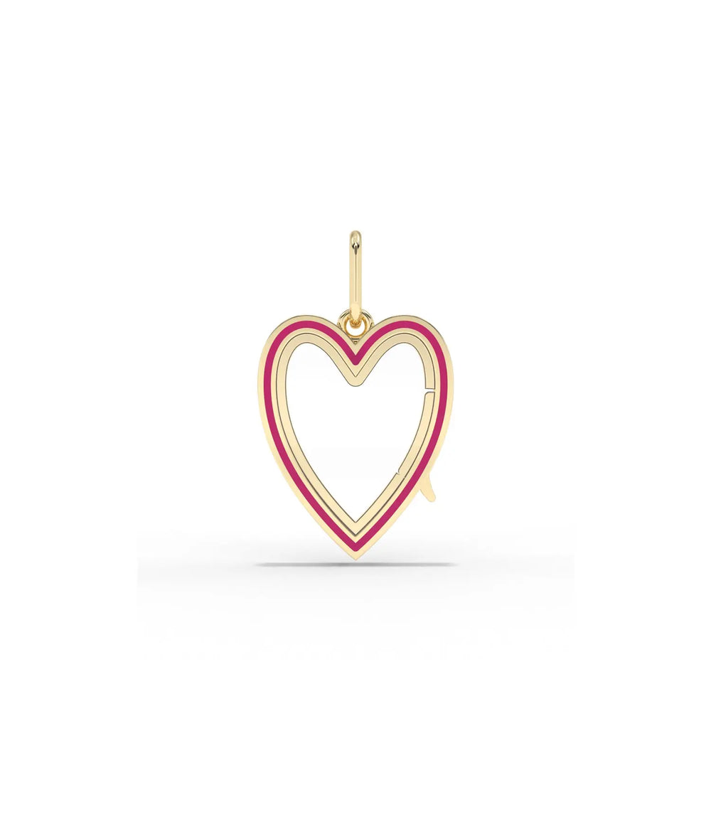 Enamel heart glass locket charm front view in yellow gold with colorful enamel