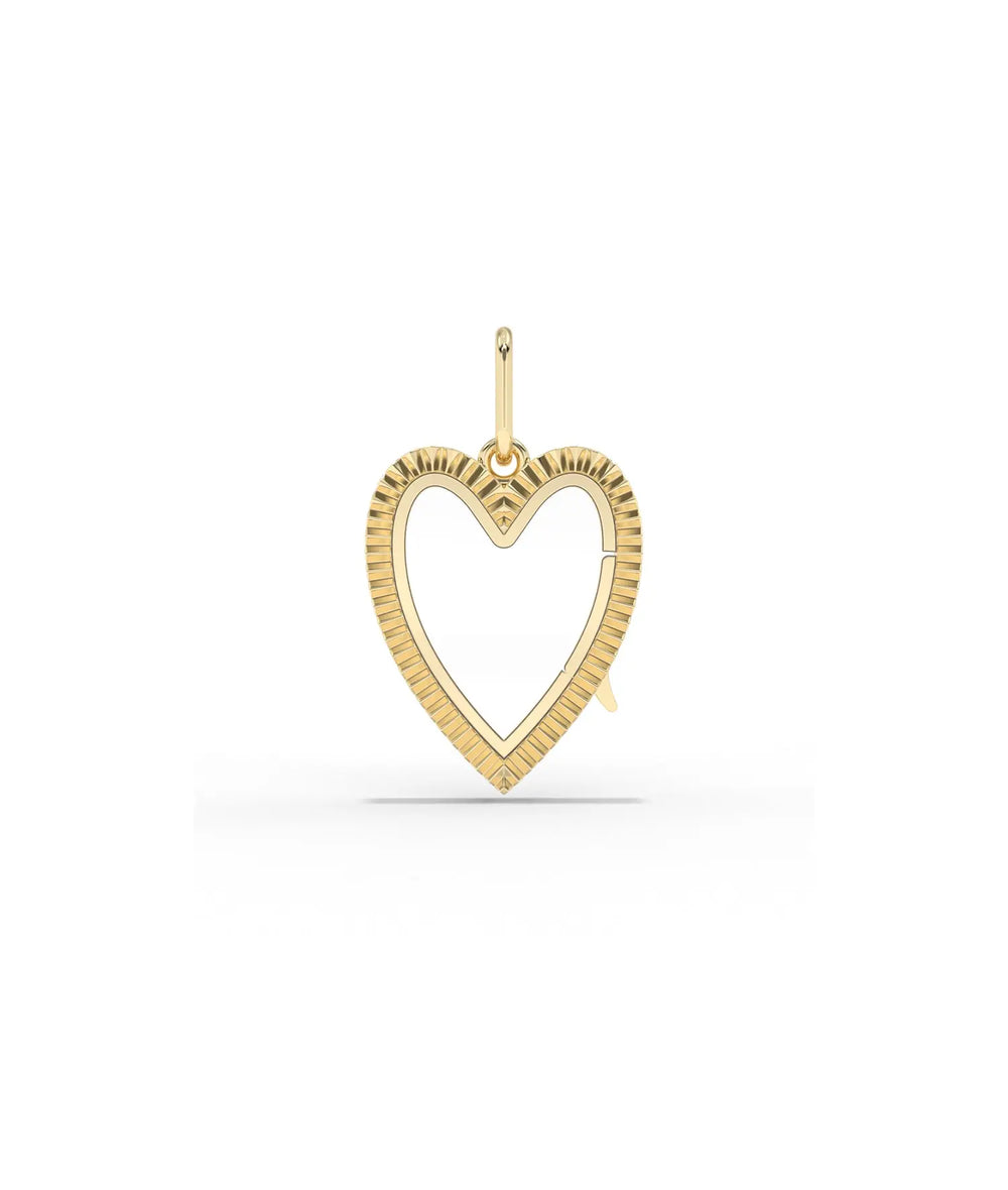 Fluted heart glass locket charm front view in yellow gold with textured grooves