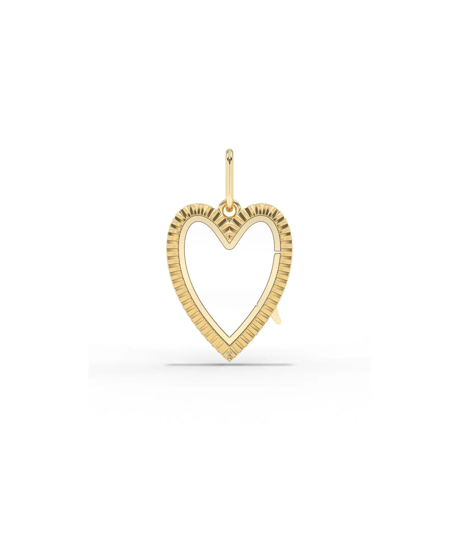 Fluted heart glass locket charm front view in yellow gold with textured grooves