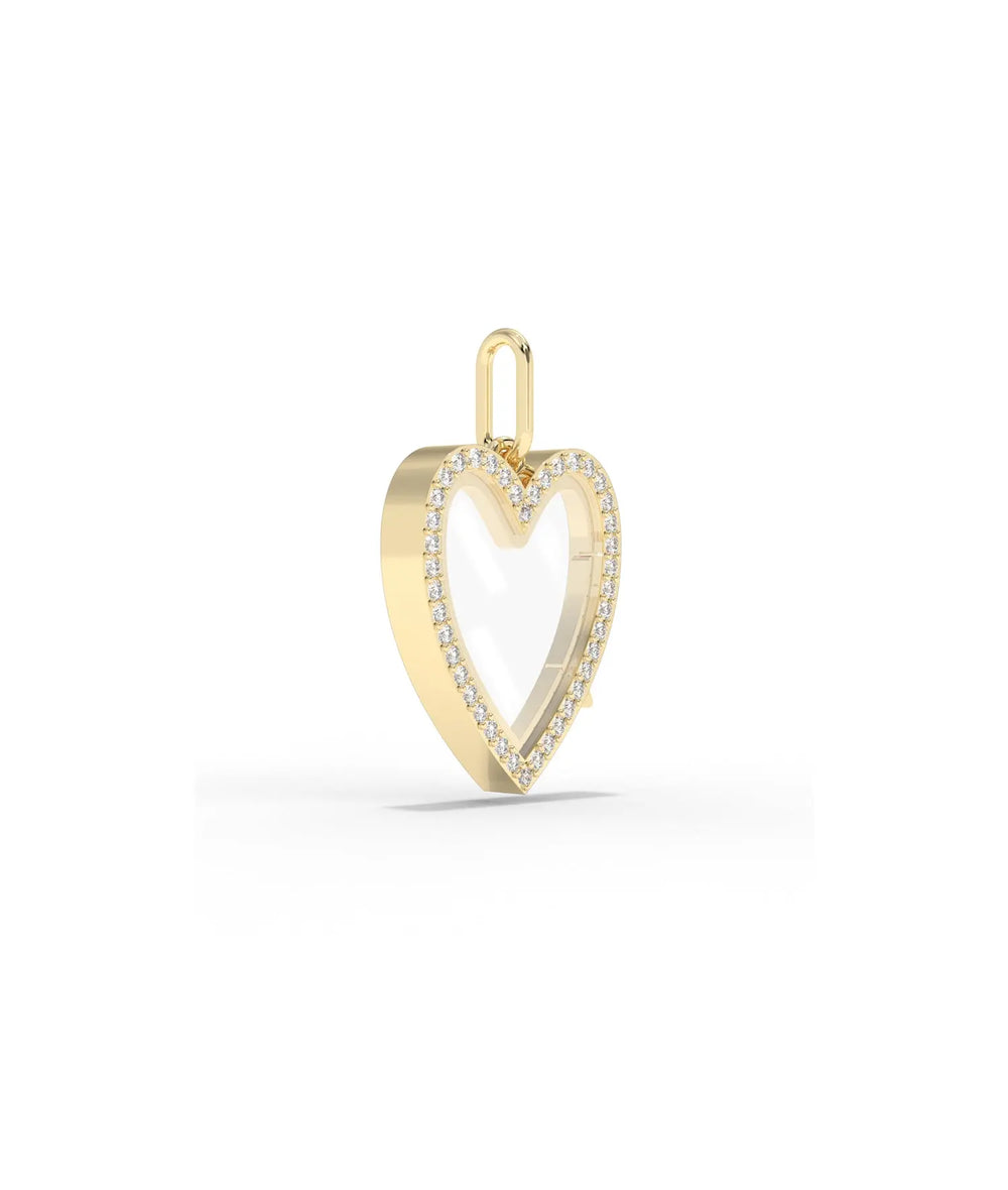 Side angle diamond heart glass locket charm showing heart shape and latch detail