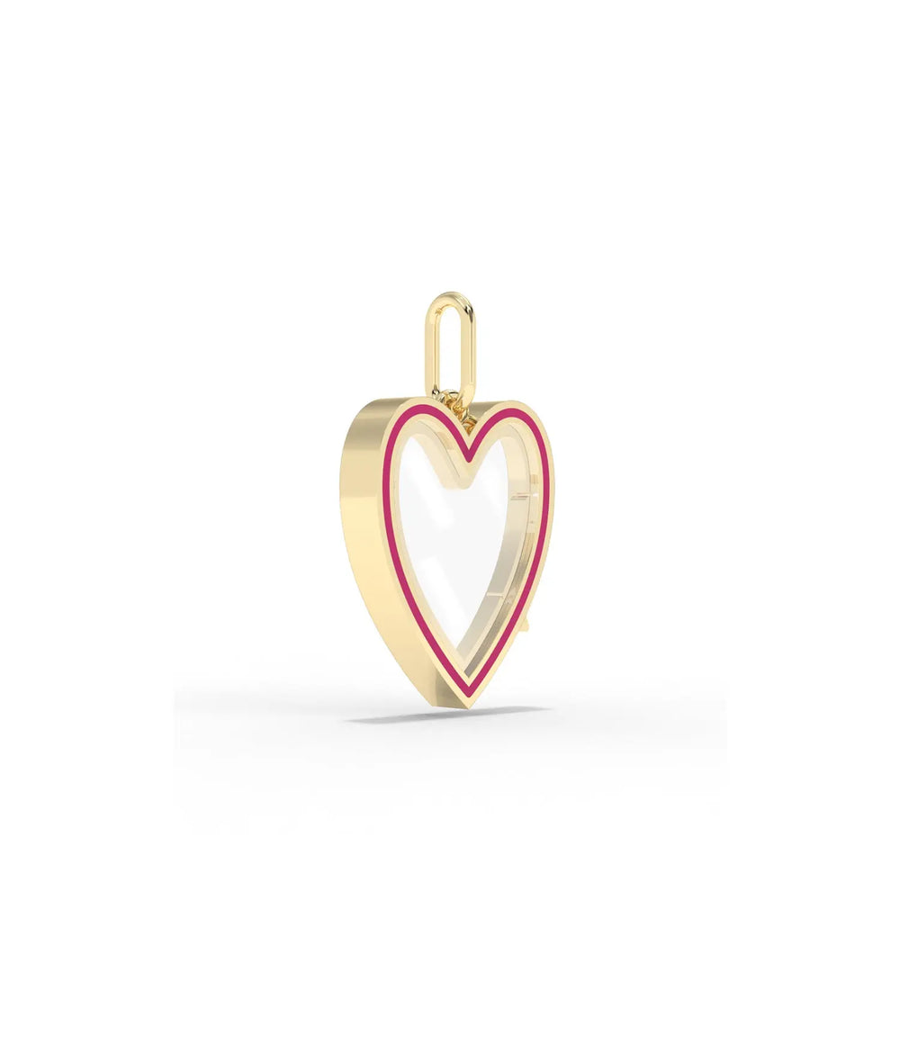 Side view enamel heart glass locket charm showing heart shape and latch detail