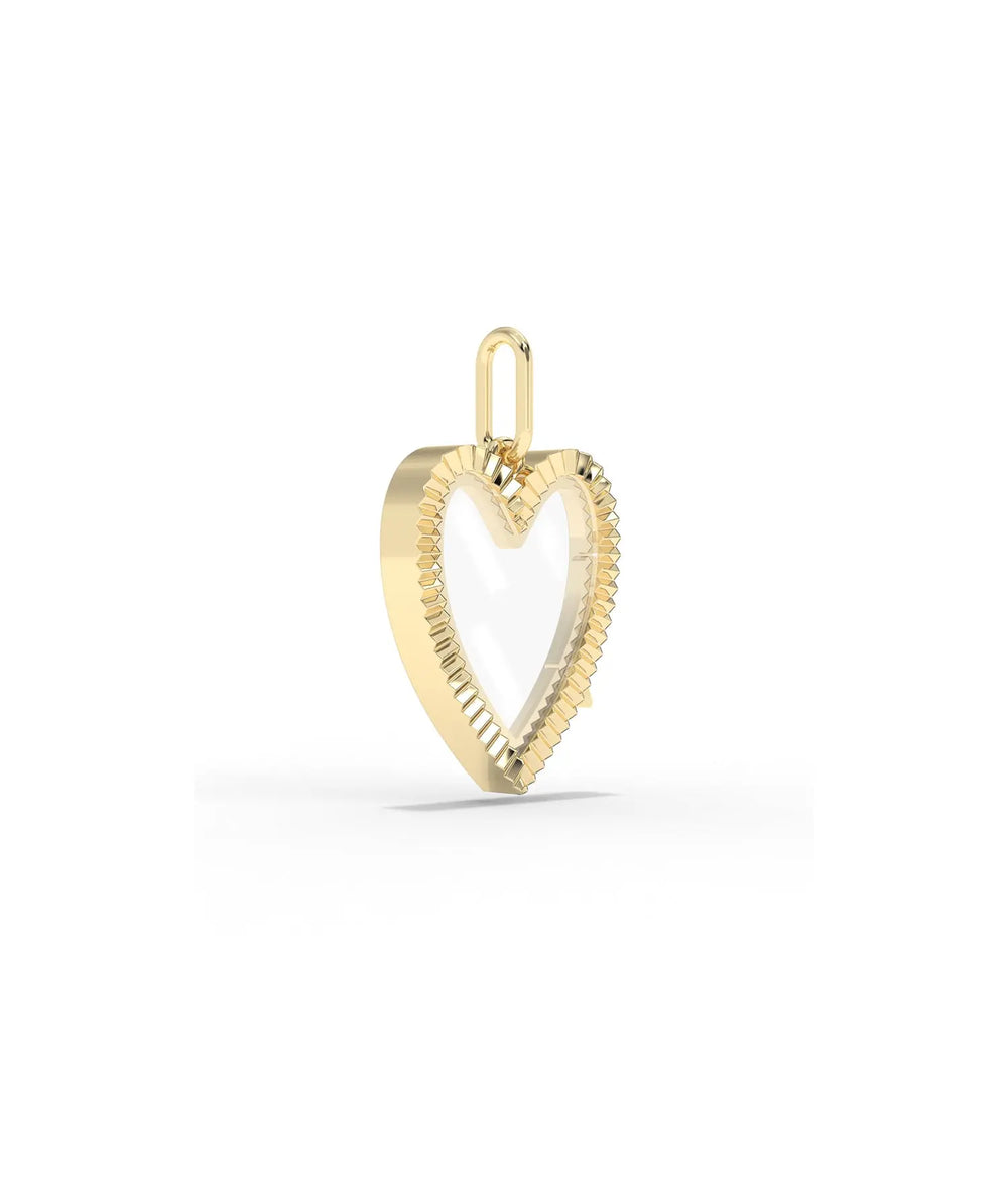 Side profile fluted heart glass locket charm showing heart shape and latch detail