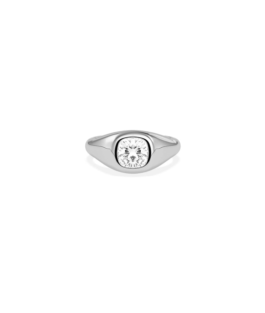 Close-up of Bezel Set Solitaire Signet Ring showing bezel setting detail