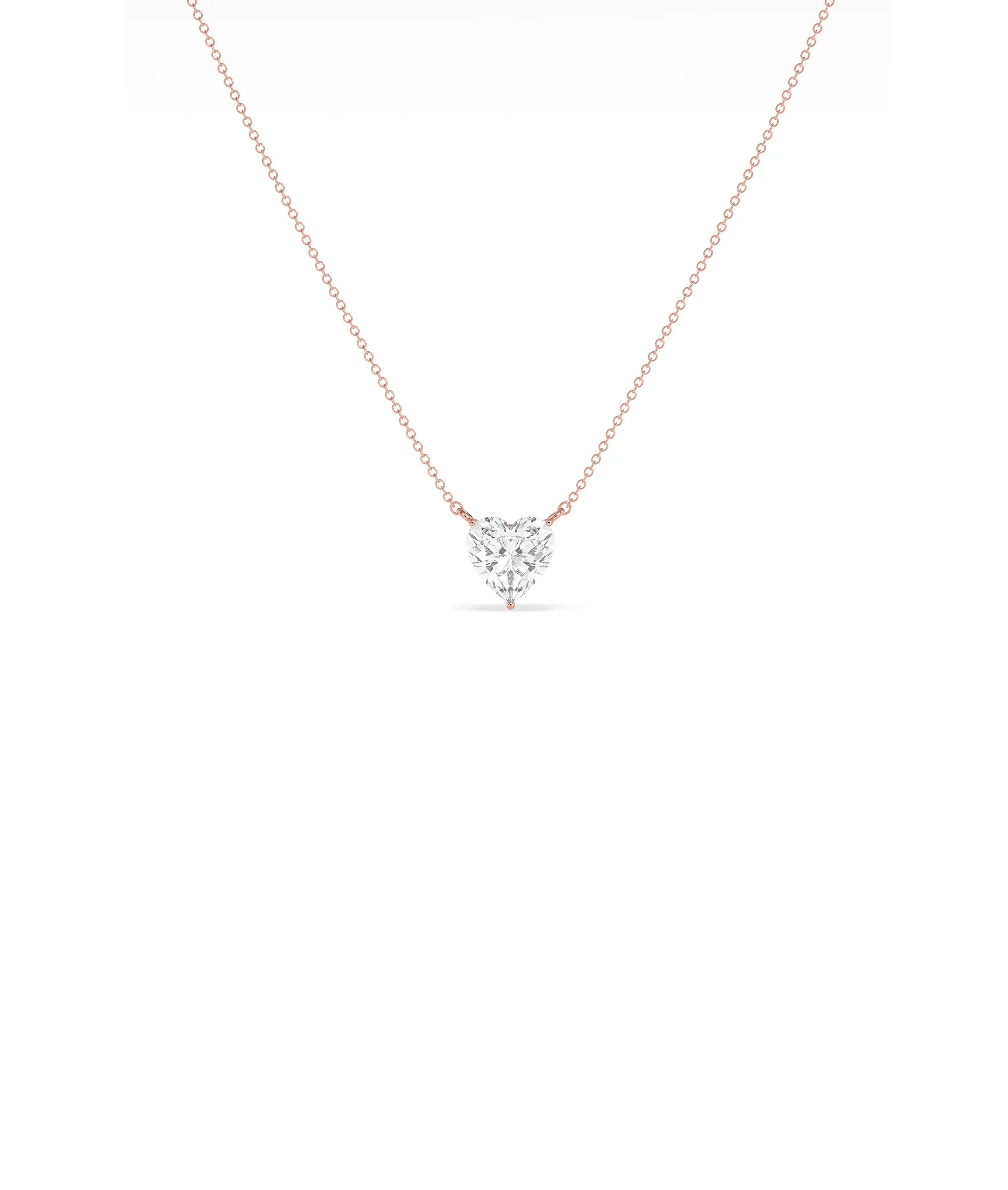 Solitaire Heart Diamond Necklace side angle, brilliant cut diamond pendant detail