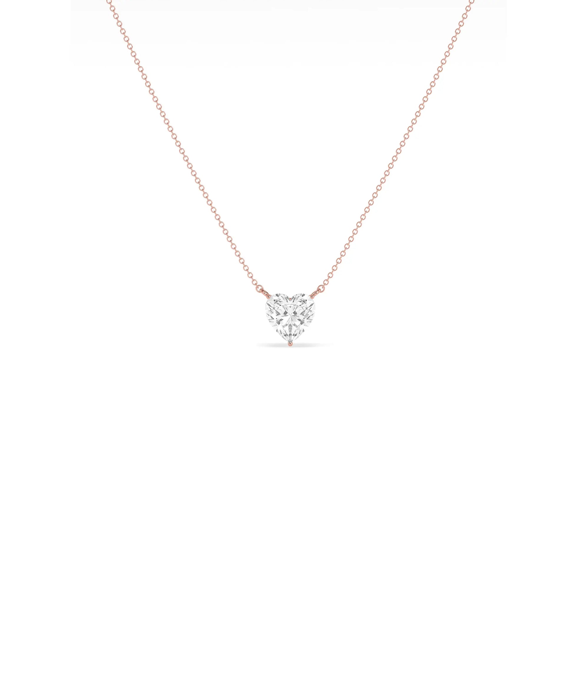 Solitaire Heart Diamond Necklace side angle, brilliant cut diamond pendant detail