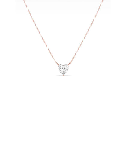 Solitaire Heart Diamond Necklace side angle, brilliant cut diamond pendant detail