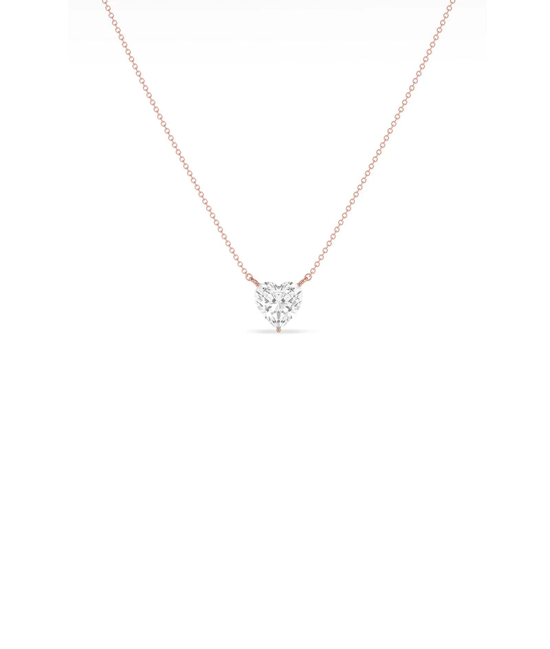 Solitaire Heart Diamond Necklace side angle, brilliant cut diamond pendant detail