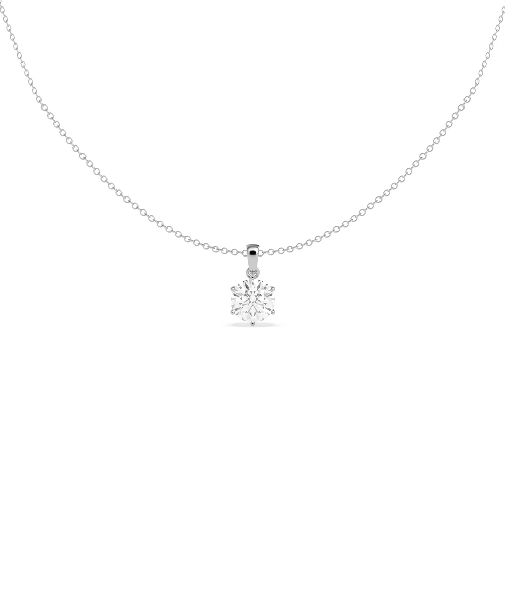 Six prong diamond pendant showing secure setting and brilliant sparkle