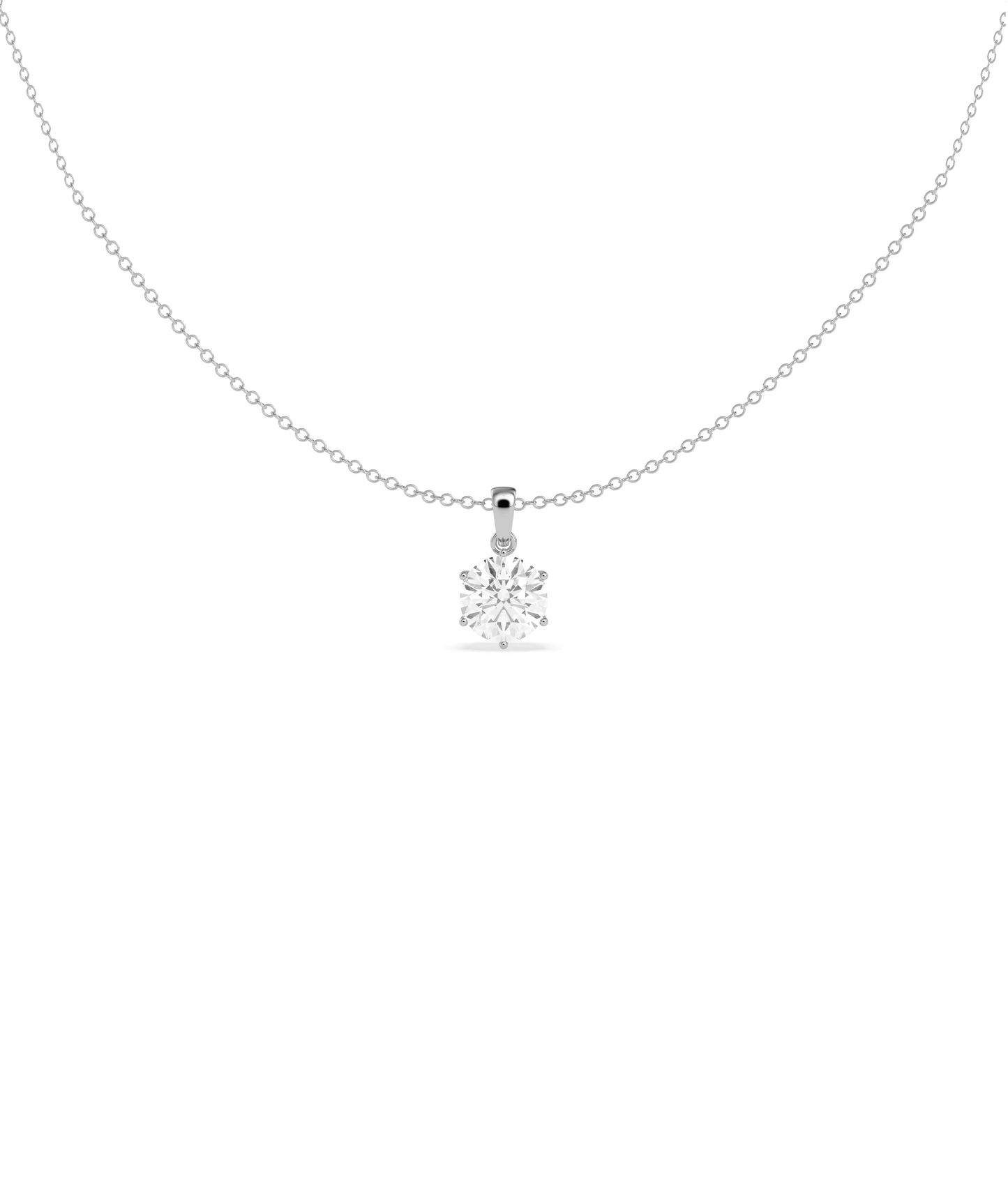 Six prong diamond pendant showing secure setting and brilliant sparkle