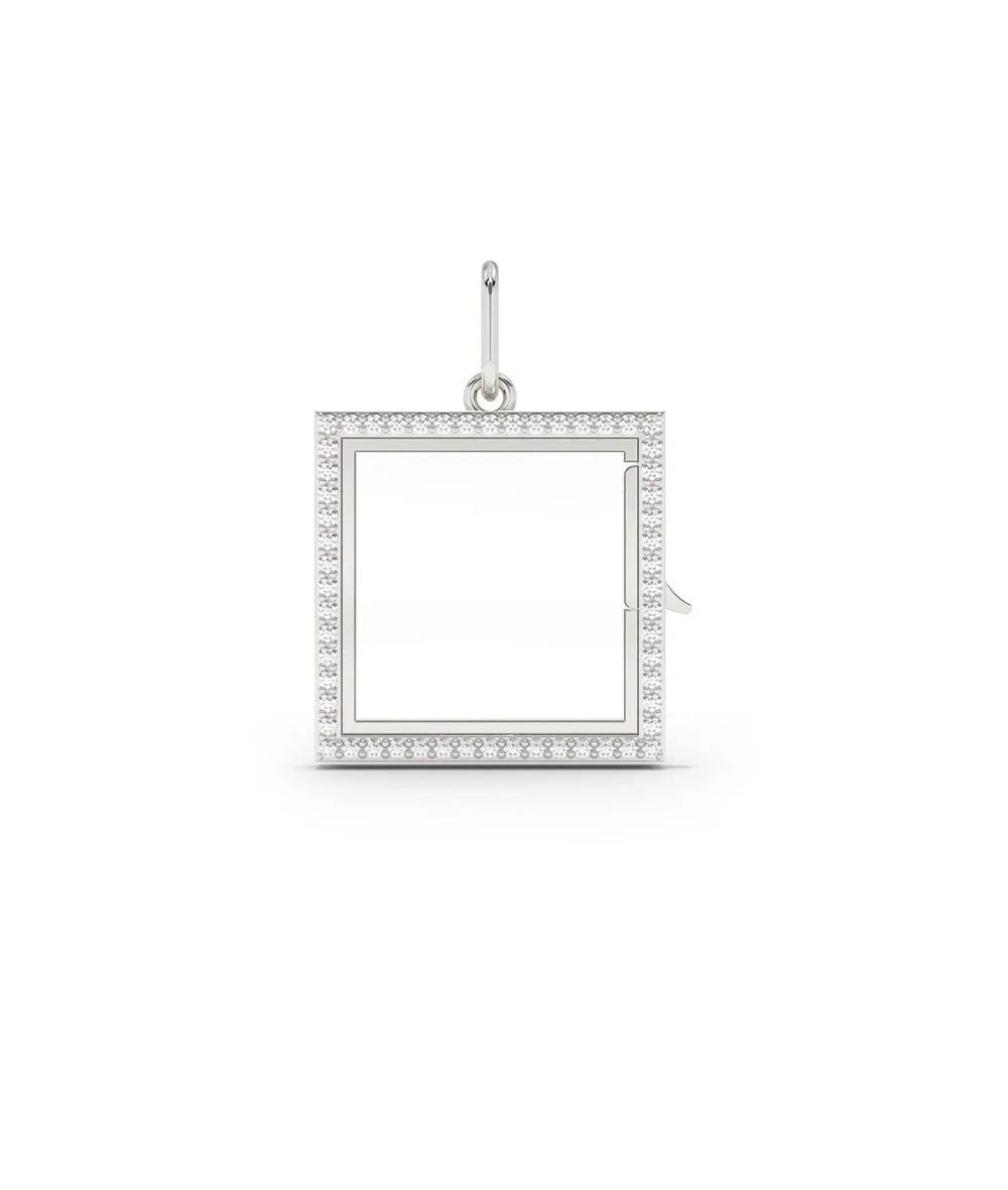 White gold diamond square glass locket charm with brilliant diamond setting