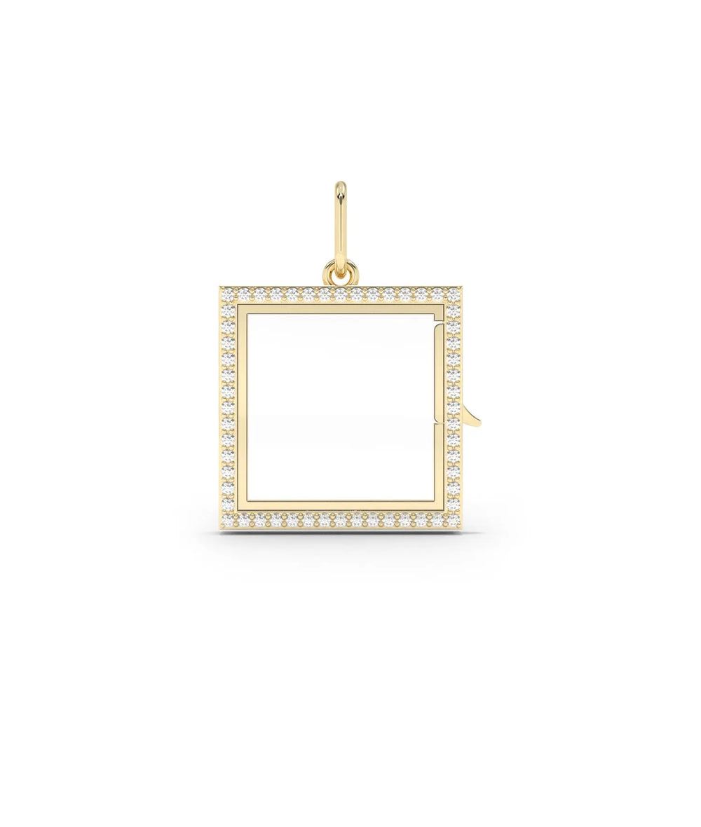 Diamond square glass locket charm front view in yellow gold with sparkling diamonds