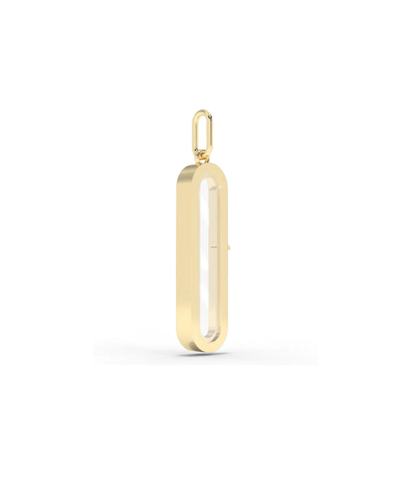 Side angle capsule glass locket charm showing elongated shape and latch mechanism alternate view