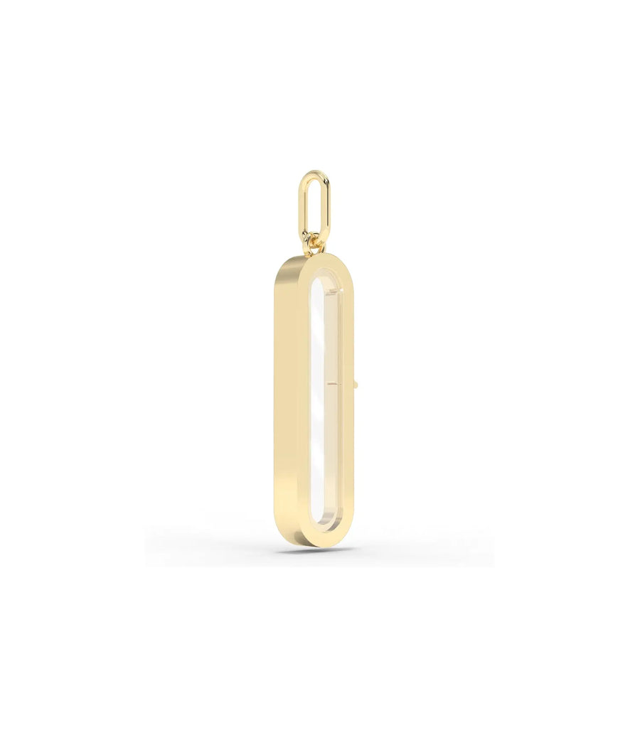Side angle capsule glass locket charm showing elongated shape and latch mechanism
