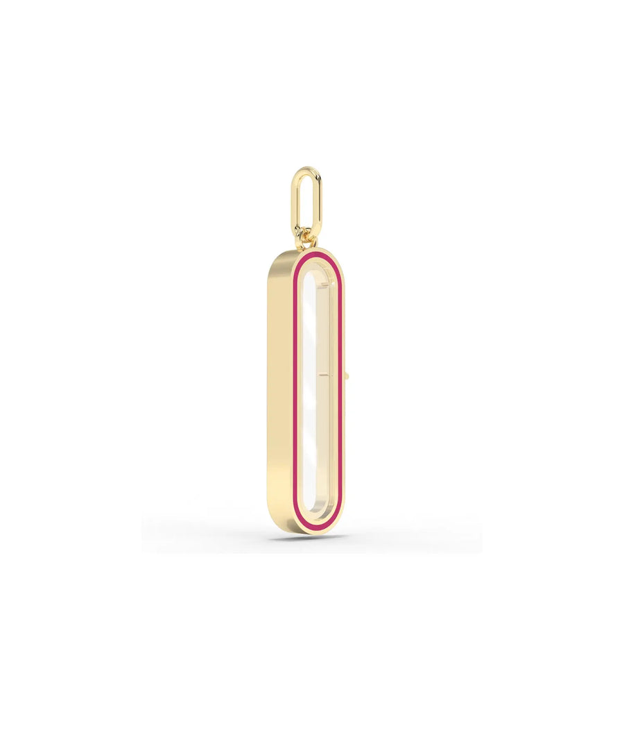 Side view enamel capsule glass locket charm showing elongated shape and latch detail