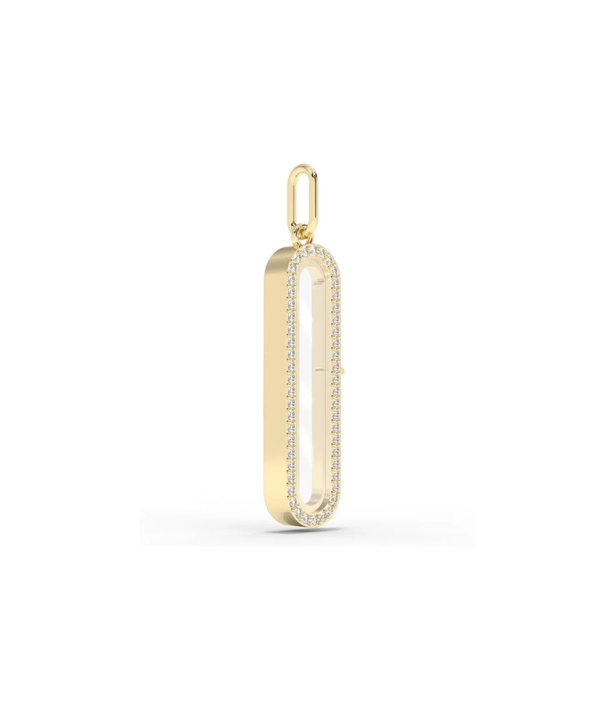 Side profile diamond capsule glass locket charm showing diamond setting and latch