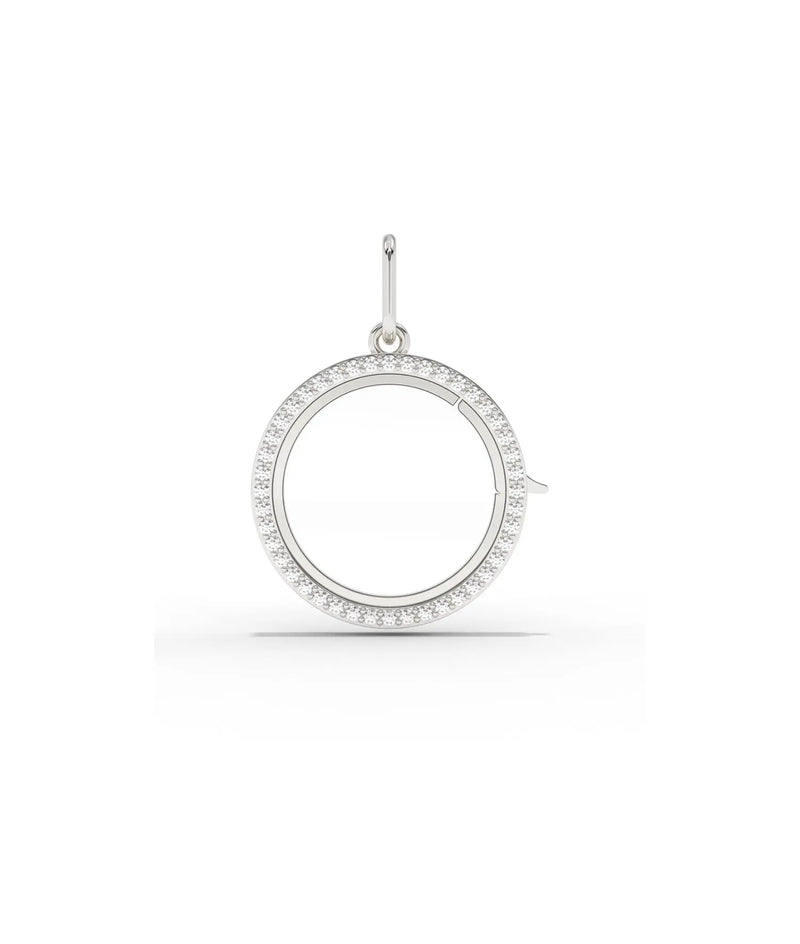 White gold diamond circle glass locket charm with sparkling circular diamond border
