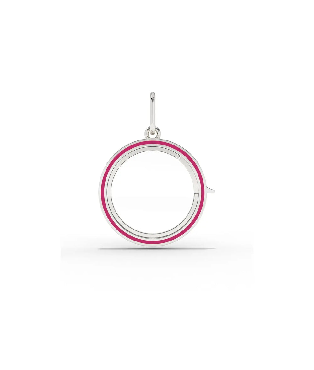 White gold enamel circle glass locket charm with vibrant enamel decoration